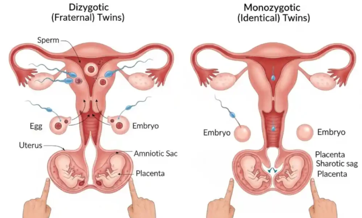 Diagram illustrating dizygotic (fraternal) twins on the left and monozygotic (identical) twins on the right, with labeled reproductive structures (uterus, ovaries, embryos).