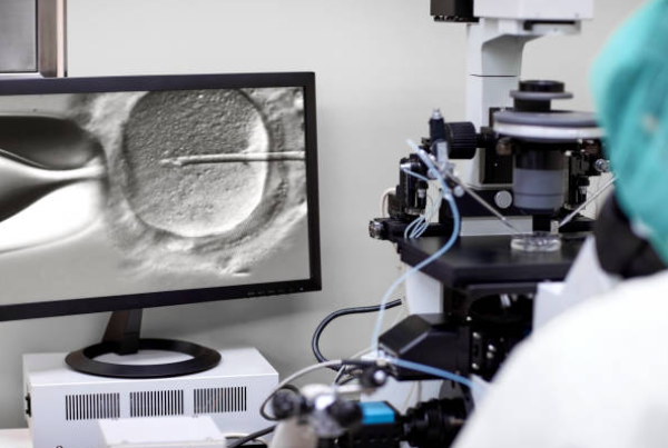 Laboratory scene with a researcher in a teal cap using a microscope; monitor shows a magnified circular cell with a needle.
