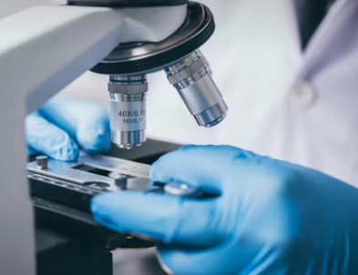 Scientist wearing blue gloves adjusts a slide under a microscope in a lab.