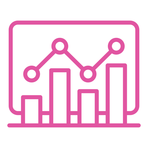 Pink line and bar chart on a computer monitor, showing fluctuating data trends on screen.