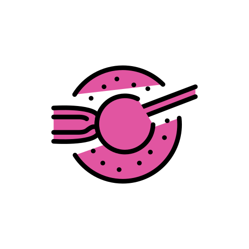 Pink donut with a bite taken out, crossed by a fork on the left and a spoon on the right against a black background.