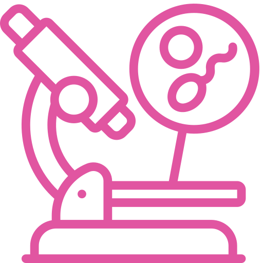Pink outlined microscope with a petri dish showing cells, representing biology or lab research.
