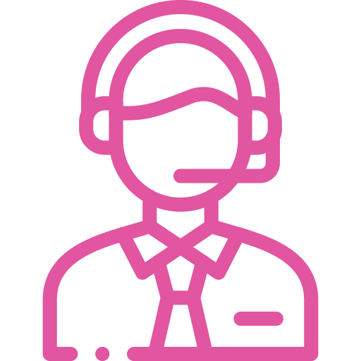Pink line-art icon of a customer service representative wearing a headset, indicating support or help desk.