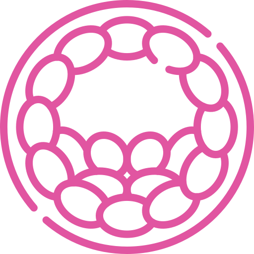 Abstract pink circular loop design with interlocking oval segments forming a ring motif.